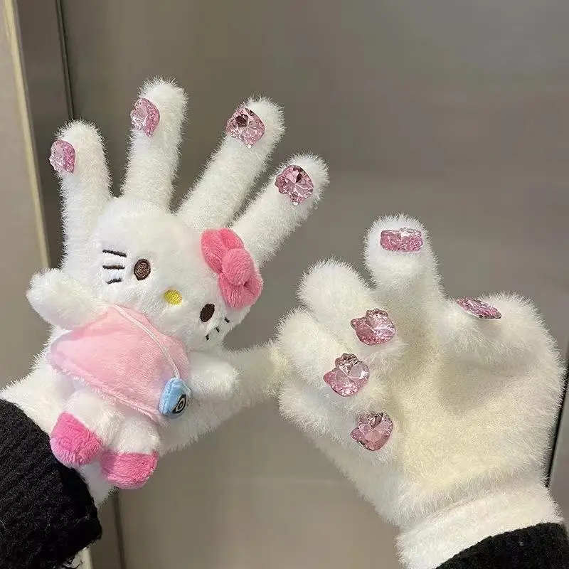 

Kawaii Sanrio Gloves Lovely Hello Kitty Mink Fur Cute Cycling Five Finger Gloves Warm Knit Gloves Female Creative Girl Gift