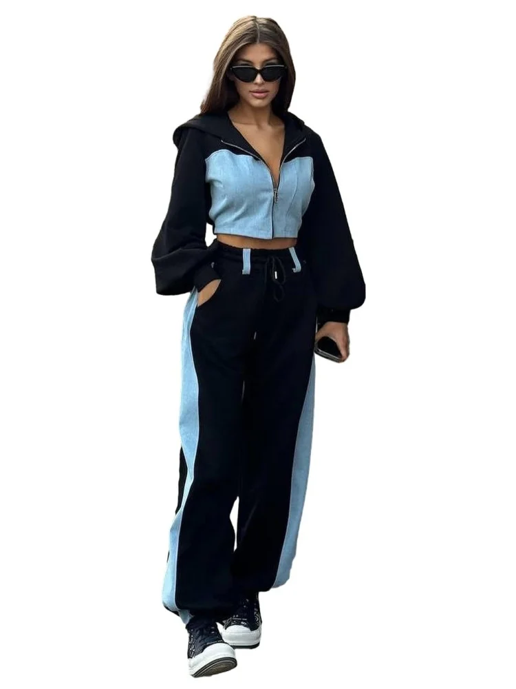 Wmstar Two Piece Sets Women Wholesale Tracksuit Sweatshirt Denim Patchwork Hoodie Top Trousers Pants Sets Fall Matching Suit