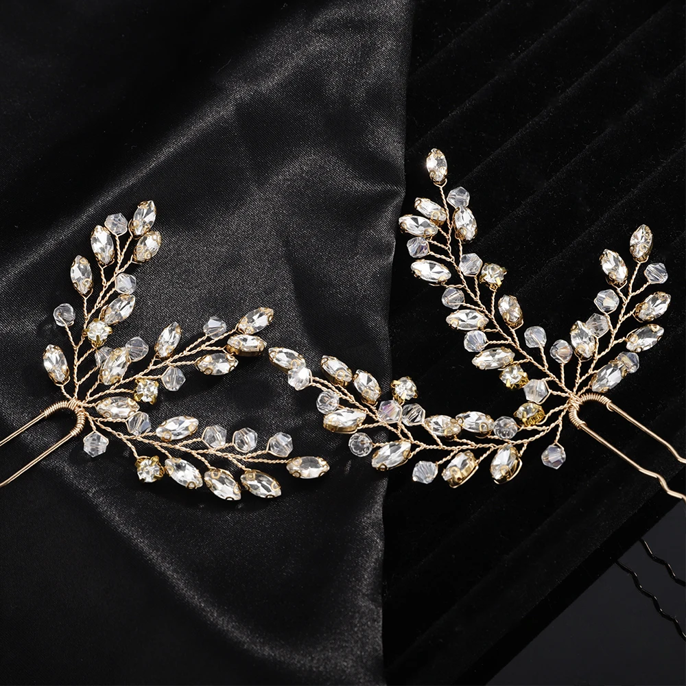 Silver Rhinestone Bridal Hair Pins Handmade Gold Crystal Wedding Head Accessories Jewelry Brides Party Headpiece Tiara for Women