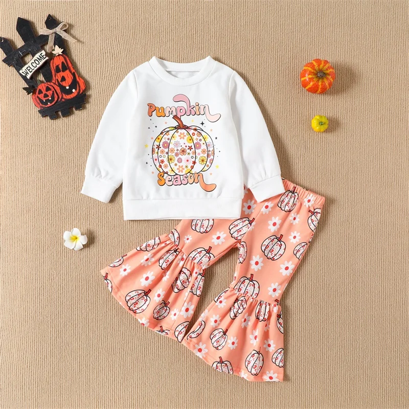

2023-08-01 Lioraitiin 0-3Years Toddler Baby Girl Halloween Clothes Letter Print Long Sleeve Sweatshirt Flower&Pumpkin Flare Pant