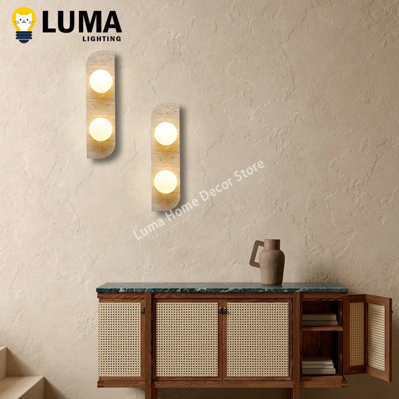 Luma Japanese Yellow Travertine Wall Light Glass Ball Caver Stone Wall Sconce Lamp For Bedside Livingroom Staircase Hallway