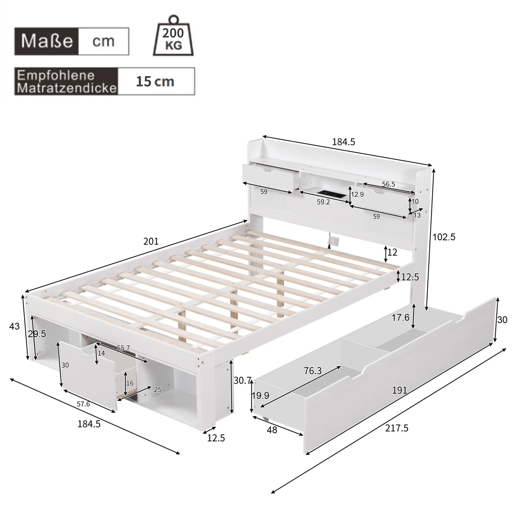 KOMHTOM Weißes multifunktionales Doppelbett mit USB Anschluss Schubladen und Stauraumschrank großer Stauraum ohne Matratze – Detail 9