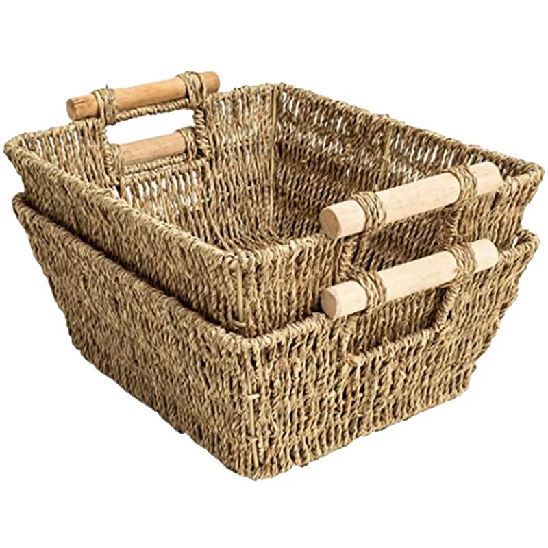 

2Piece Handmade Woven Wicker Storage Baskets Seagrass Shelf Baskets Toilet Paper Towel Holder Basket With Wooden Handles