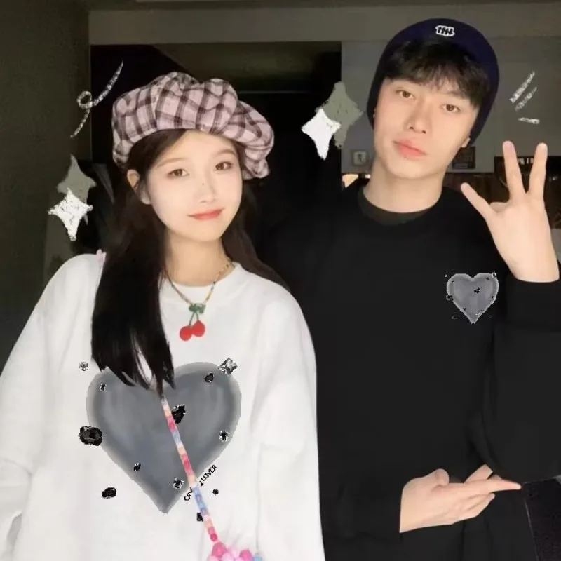 

Y2k NEW Men Women Couple Print Heart Harajuku Black White Sweatshirt Hoodies Spring Autumn Casual Streetwear loose top Pullover
