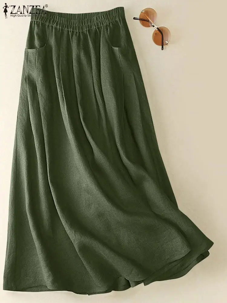 

2023 ZANZEA Summer Women Skirts Vintage Loose Elastic Waist Skirt Party Jupe Work Robe Femme Stylish Vestido Pleated Faldas Saia