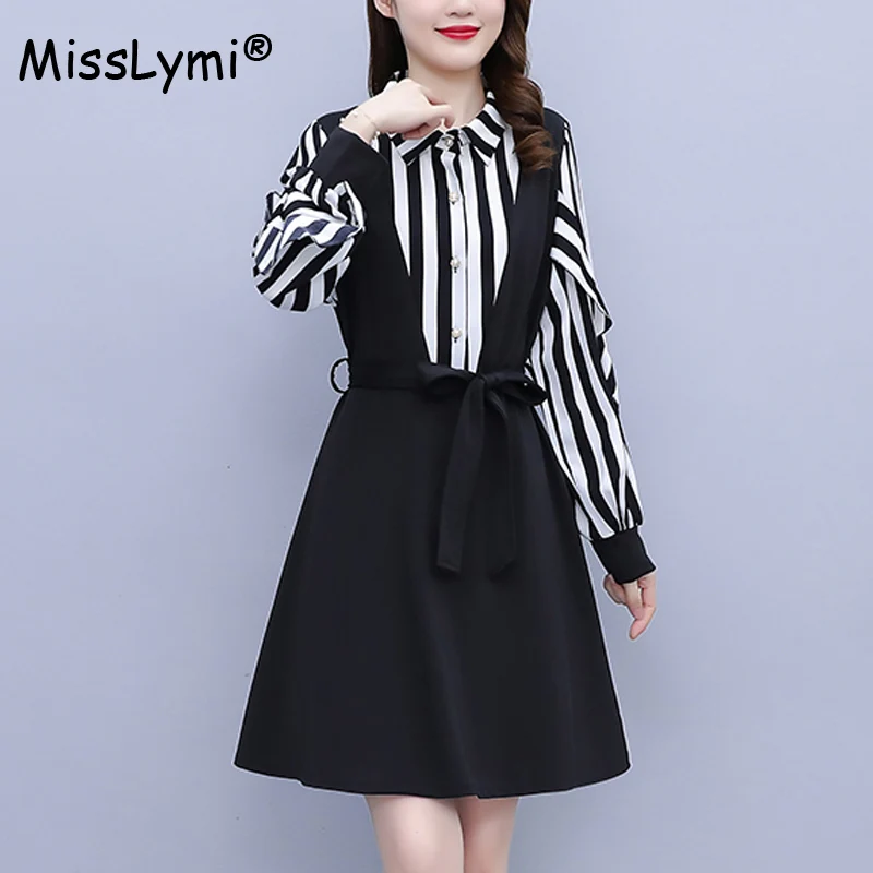 

Женское платье-рубашка в полоску, с оборками и длинным рукавом