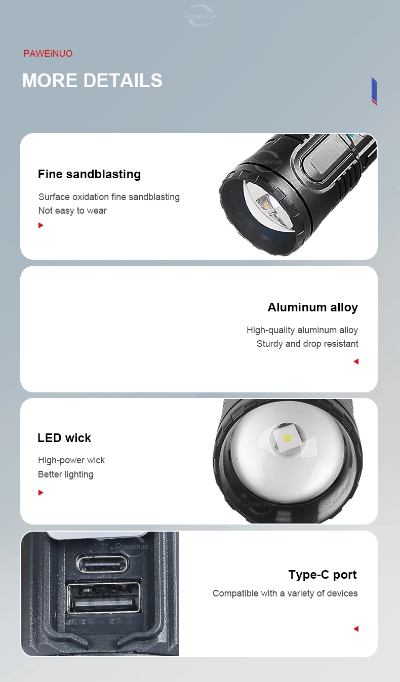 Description Picture 5 of itemPortable LED Flashlight 90000LM Rechargeable Lighting Super Bright Torch Zoom Shot Long Built-in Battery Flashlight For Camping