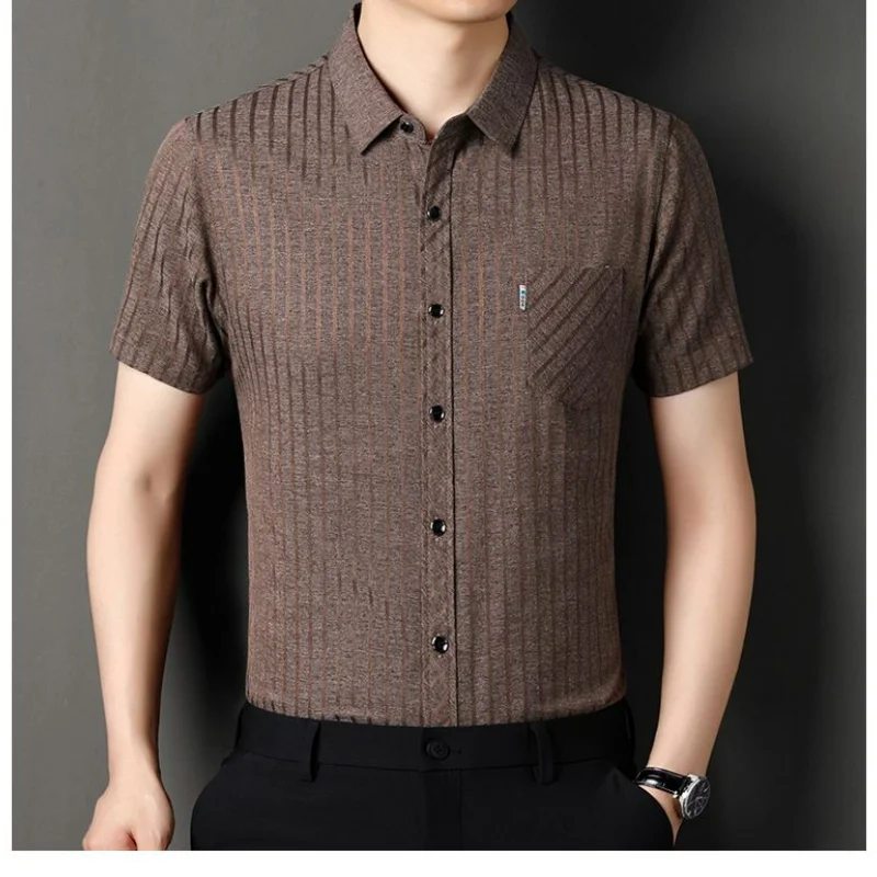 Summer Linen Short Sleeve Men's Shirt Lapel Button Pockets Middle Youth Casual Smart Casual Versatile Striped Silk Thin Top 2024