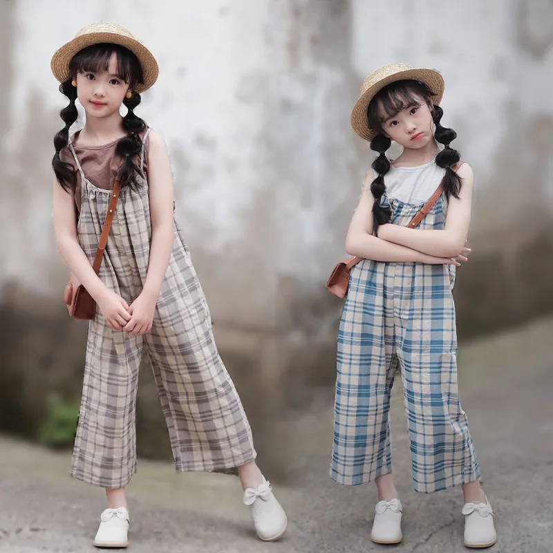 

Korean Summer Junior Girl 2-Piece Sets Teenager Girl O-neck Vest+Checkered Overall Pants Cotton/ Linen Set For Girls 4-12Yrs