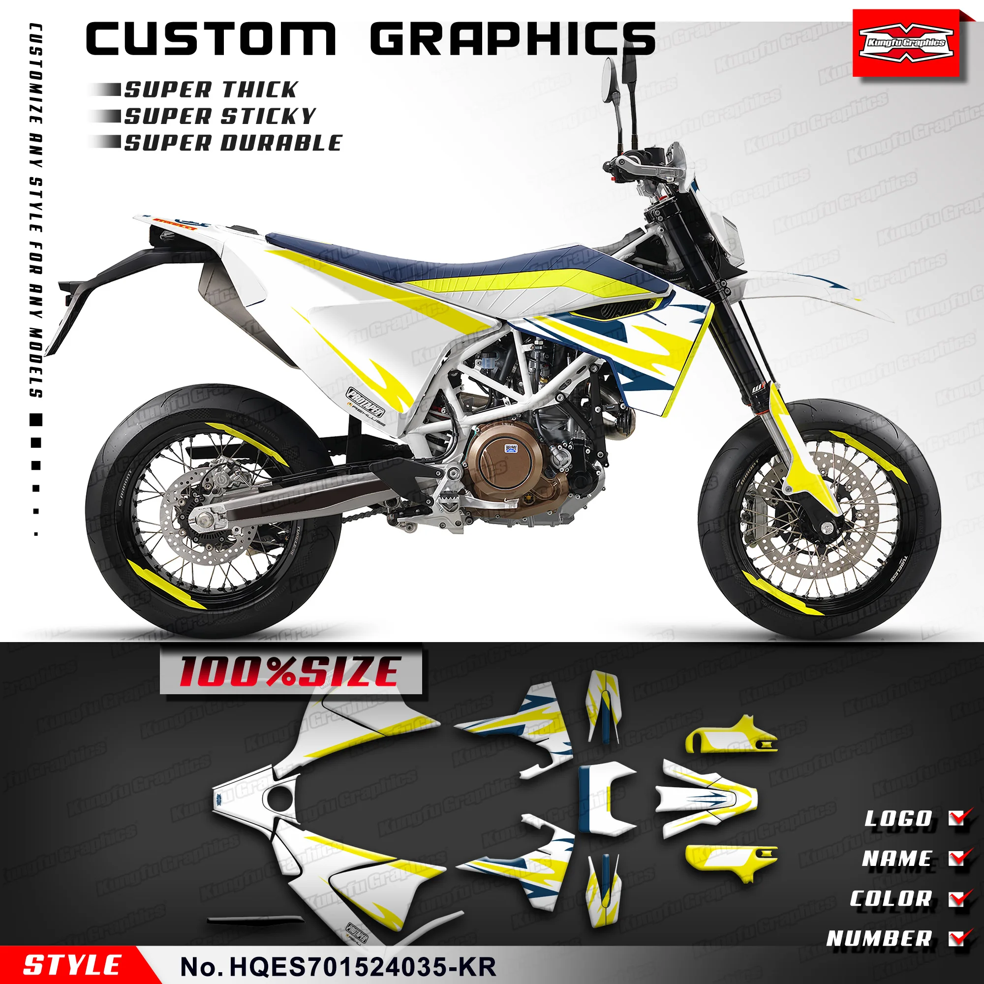 

KUNGFU графические Наклейки на заказ, комплект виниловой пленки для Husqvarna Enduro Supermoto 701 2015-2024, HQES701524035-KR