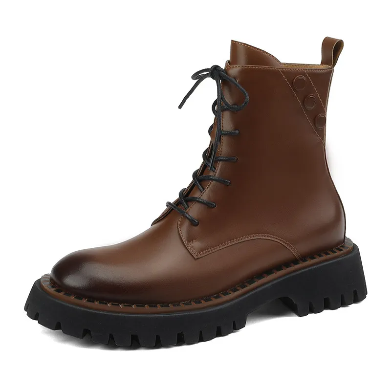 

【ENMAYER】Women Ankle Boots Genuine Leather Thick Sole Platform Lace Up Unisex Flat Shoe Ladies Work Boots Winter FashionDesigner