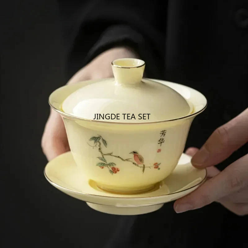 130ml Chinese ceramic tea set hand-painted flower and bird tea bowl handmade kung fu tea set