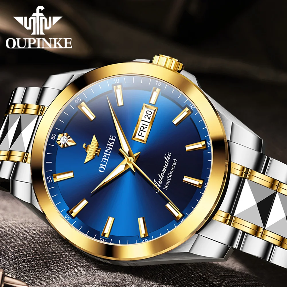 OUPINKE Original Real Diamond Mens Wristwatch Automatic Mechanical Watch Luxury Swiss Movement Luminous Dress Calendar
