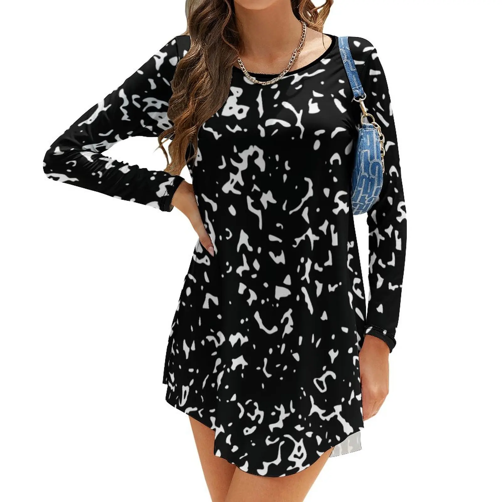 

Черно-белое платье с длинным рукавом и абстрактным рисунком, платье с длинным рукавом, платья для женщин, женская одежда, Новое поступление 2024