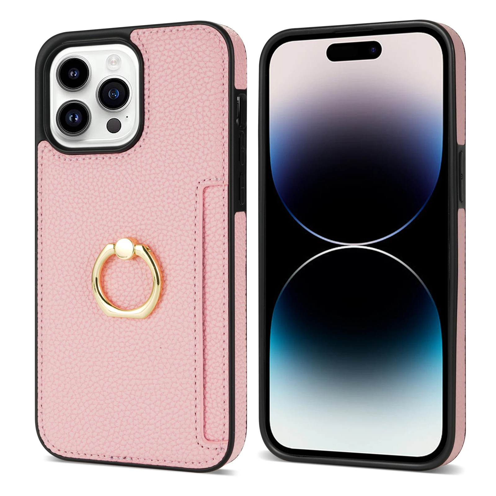 Luxurious Leather Wallet Phone Case with Ring Holder and Card Slot - Litchi Stand Cover