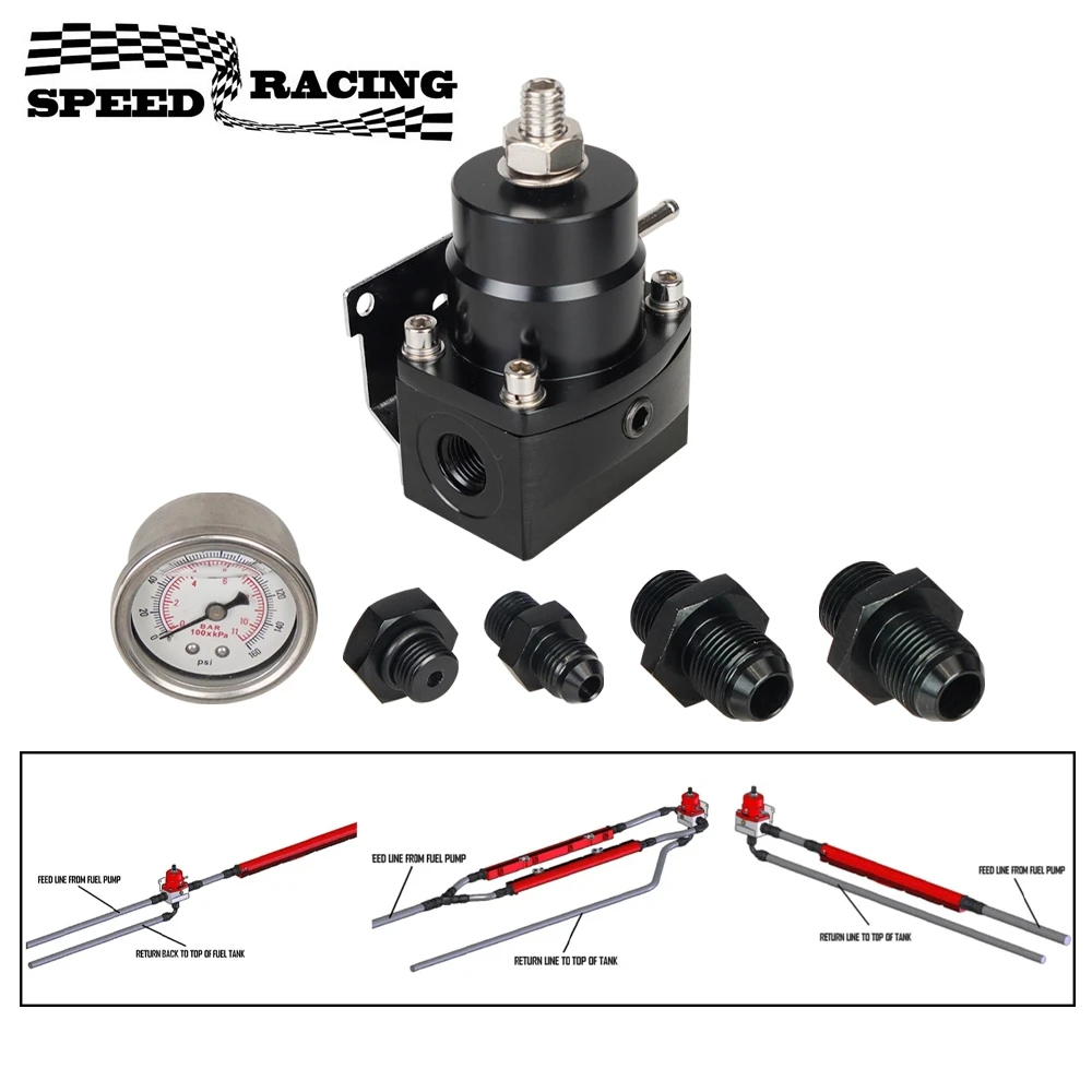 Adjustable Fuel Pressure Regulator with White Oil Gauge AN8/10 Feed Fitting AN6 Return Line Fitting AN8/10 End Cap
