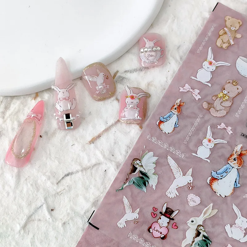 

1 Sheet 5D Realistic Jointly Design Lost Eden Aesthetic Princess Rabbit Swan Adhesive Nail Art Stickers Decals Manicure Charms
