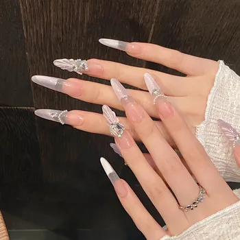 10pcs Cat's Eye Purple Handmade Fake Nails Tips French Diamond Long Almond Press on Nails Art Pearl False Nail Wearable Manicure 1
