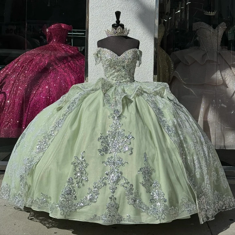 

Зеленые блестящие платья для Quinceanera, женское платье принцессы с открытыми плечами, милые платья для дня рождения, 15