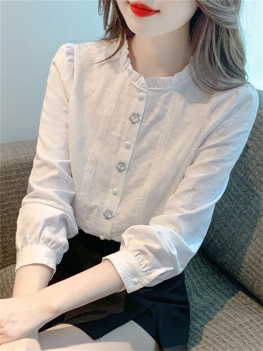 Embroidery Women Spring Autumn Blouses Shirts Lady Casual Long Sleeve Stand Collar Solid Color Blusas Tops DF4774