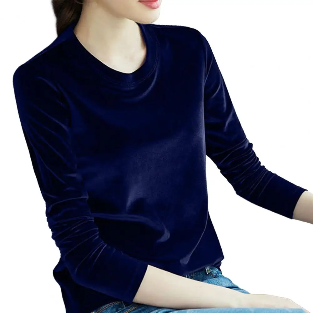 

Chic Crew Neck Temperament Pure Color Bright Surface T-shirt Pullover Top Elegant Women Bottoming Shirt Women Clothing