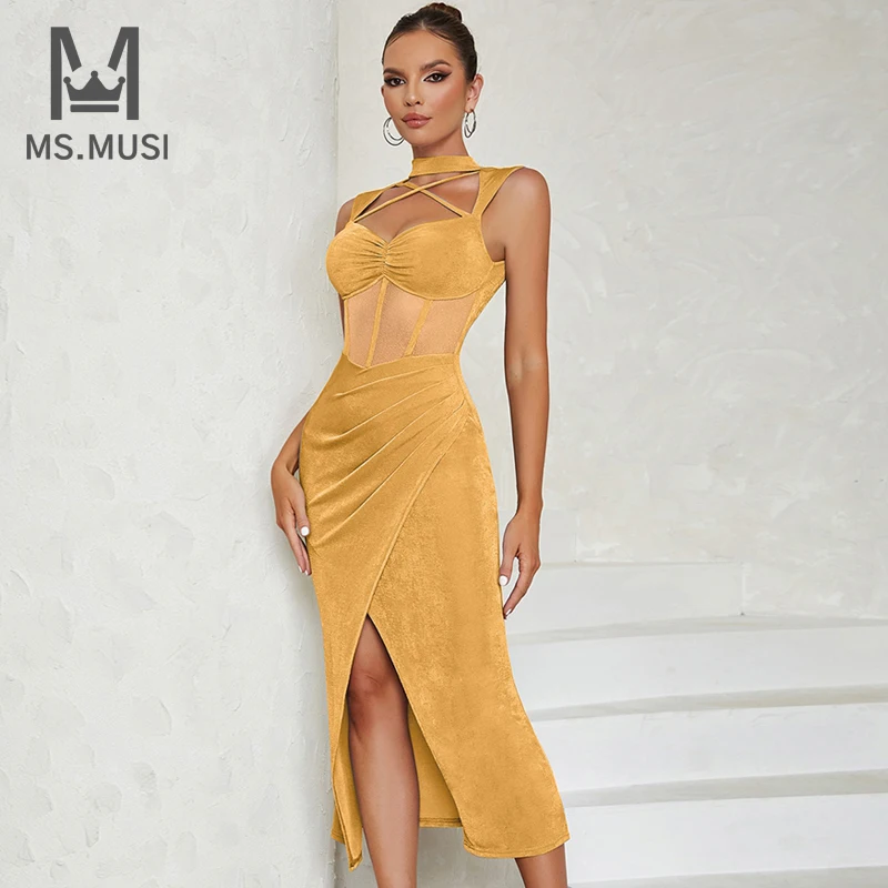 

MSMUSI 2023 New Fashion Women Sexy Halter Strap Lace Mesh Hollow Out Draped Sleeveless Bodycon Party Club Event Slit Midi Dress