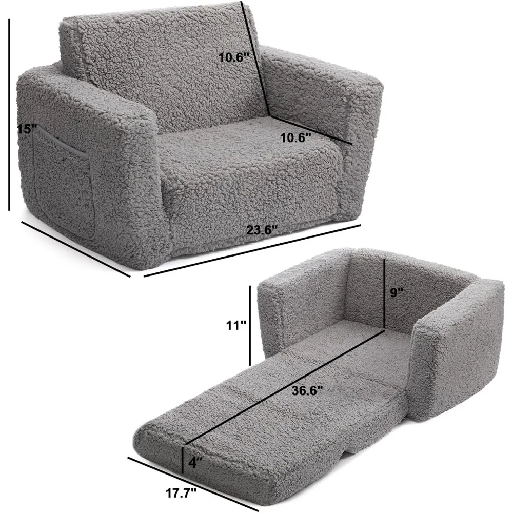 2-in-1 Flip Out Cuddly Sherpa Toddler Couch, Convertible Sofa to Lounger, Grey 3