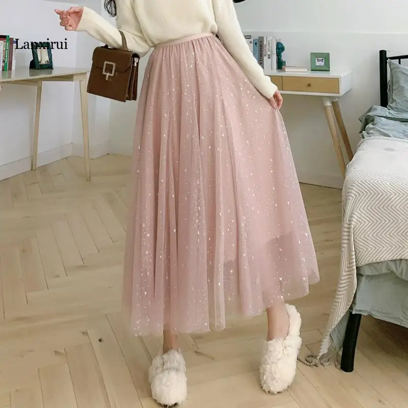 

Women Casual Stars Sequin Glitter Layered Mesh Tulle Skirts Sweet Girl Elastic High Waist Party A-Line Pleated Skirt Summer Fall