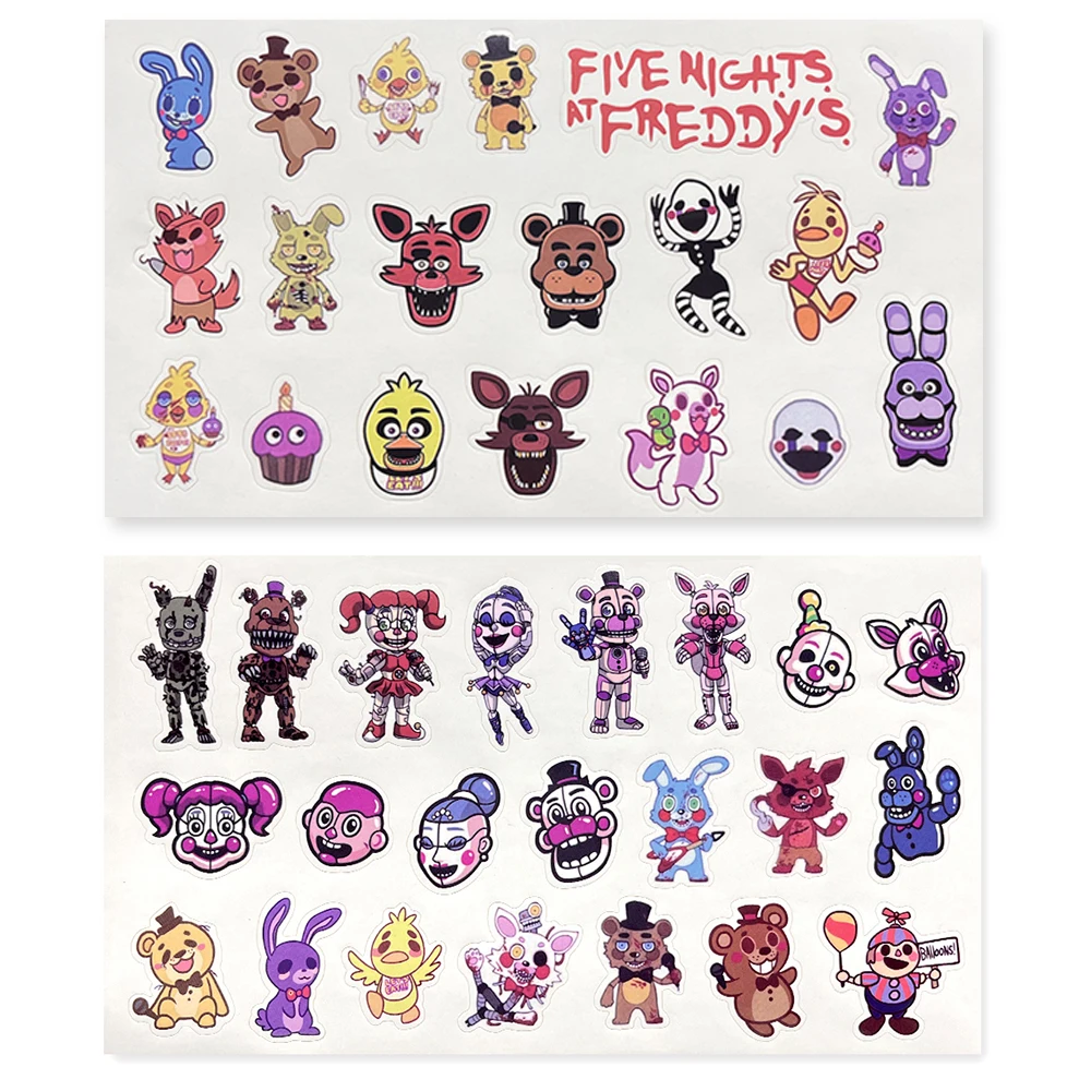 2 Sheets FNAF Nightmare Fazbear Stickers Characters Mangle Foxy Bonnie Chica Fready Waterproof Sticker Toy Scrapbook Guitar Dec