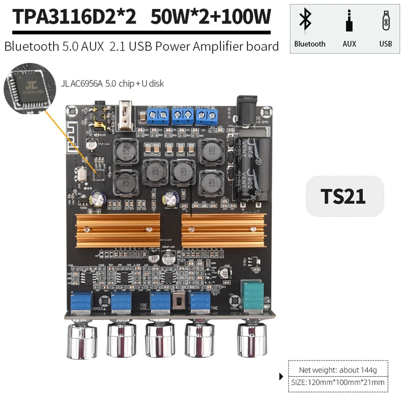 microphone amplifier TPA3116D2 Bluetooth 5.0 2.1 Channel Power Audio Stereo Subwoofer Amplifier Board 50WX2+100W TREBLE Bass note tuning AMP A100H surround sound amplifier Audio Amplifier Boards