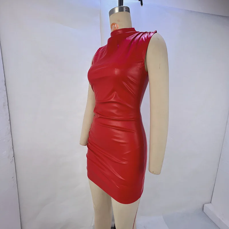 New In 2024 Women Fashion Spring Summer Red Sleeveless Pleated Pu Leather  Dress Elegant Sexy Bodycon Club Mini Dresses - AliExpress 200000345