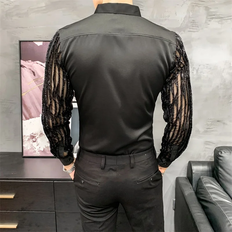 Streetwear Social Lace Hollow Shirts for Men Long Sleeve Slim Fit Party Blouse Camisas Masculinas Club Korean Men Clothes