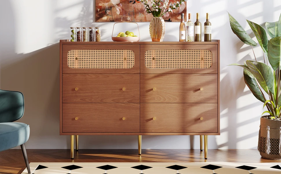 6-Schubladen-Rattan-Sideboard, Nussbaum-Highboard für Schlafzimmer und Wohnbereiche - H90/B120/T40 cm – Detail 16