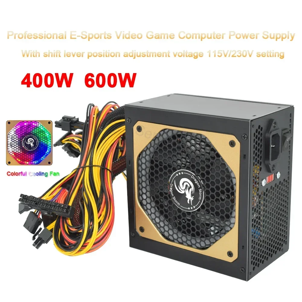 Fonte de Alimentação para E-sports Desktop Video Game Computador Rgb Colorido Ventilador Silencioso Psu 24pin 12v 110 v 230v Atx400w 600w