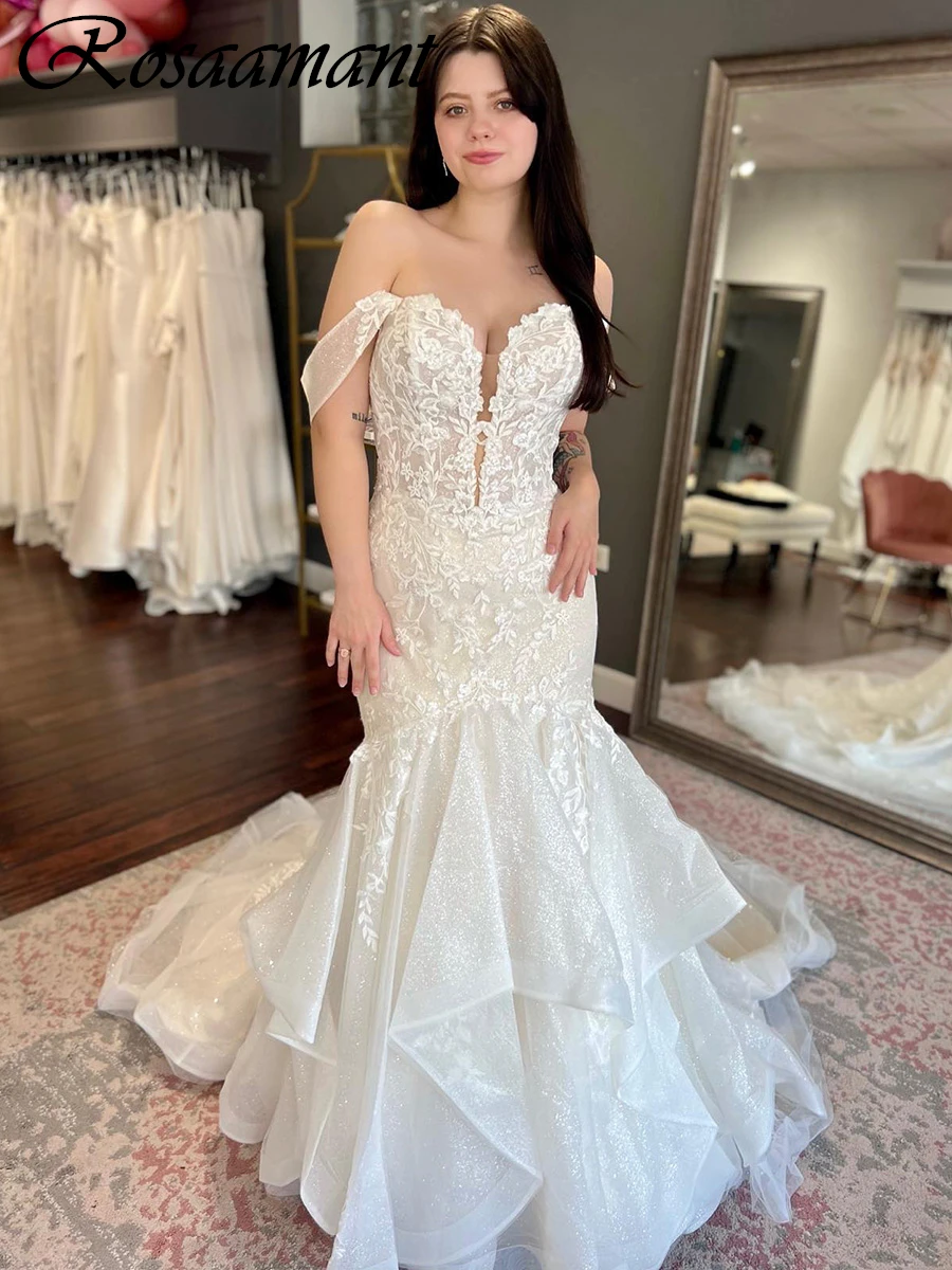 

Glitter Crystal Ruffles Off The Shoulder Mermaid Wedding Dresses Sleeveless Appliques Lace Bridal Gowns Robe De Mariée