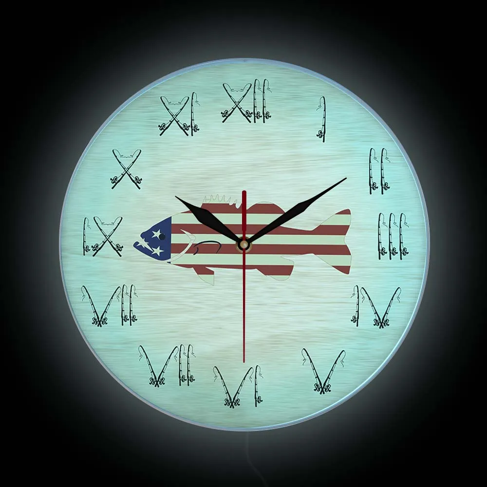 

Fish Shape With USA Flag Luminous Wall Clock American Home Decor Fishing Pole Design Glowing LED Nightlight Clock Fisherman Gift