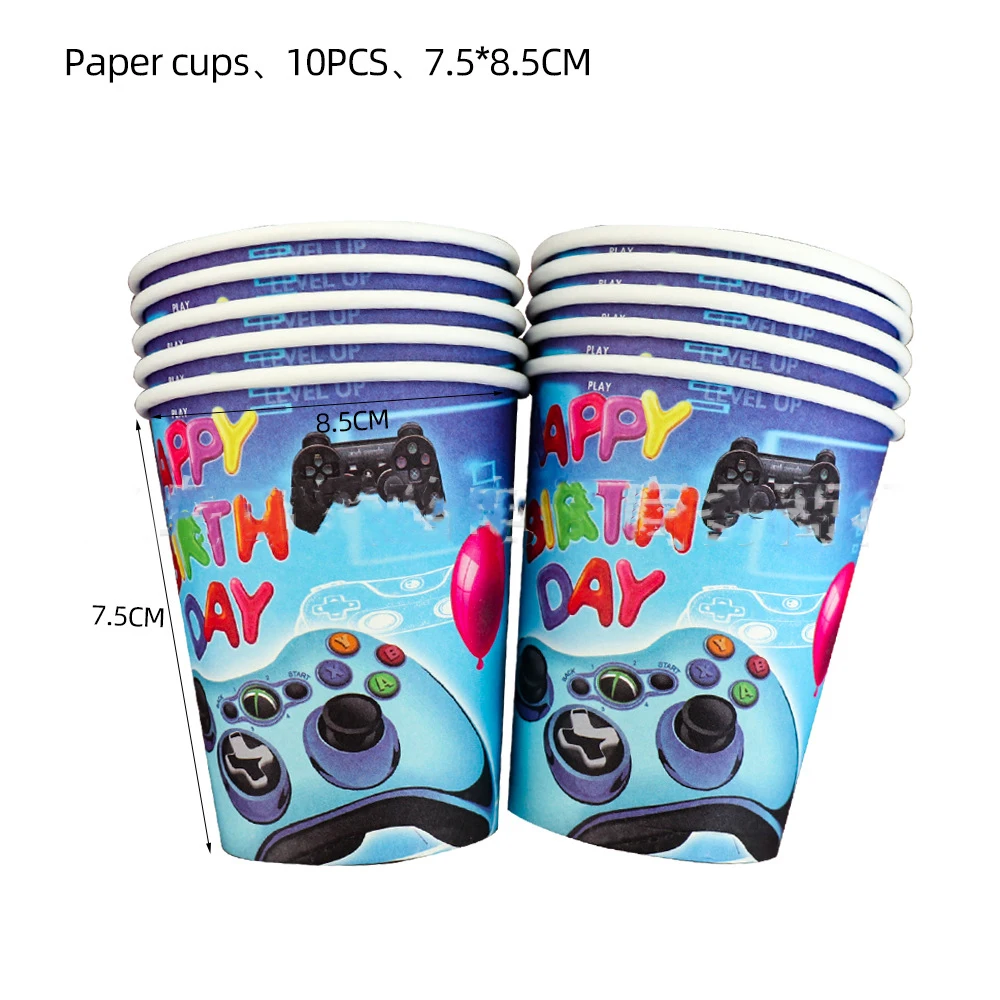 thumbnail image 1 of Juego de cumpleaños para niños, suministros de fiesta, decoración, platos de papel desechables, taza, servilleta, cubierta de mesa de videojuegos, mantel de fiesta de boda, 1 of 5