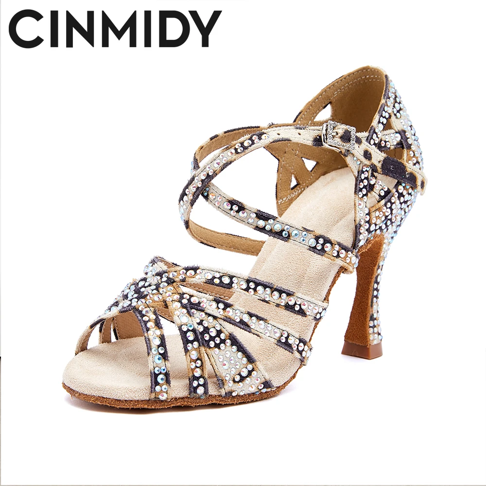 CINMIDY chaussures de danse imprimé léopard pour femmes semelle souple chaussures de danse latine antidérapantes chaussures de danse de salon sandales pour femmes de mode
