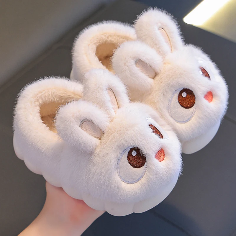 Cute Rabbit Children's Cotton Slippers Infoor Non Slip Soft Bottom Fluffy Slides Children Winter Warm Plush Slippers Women 24-41