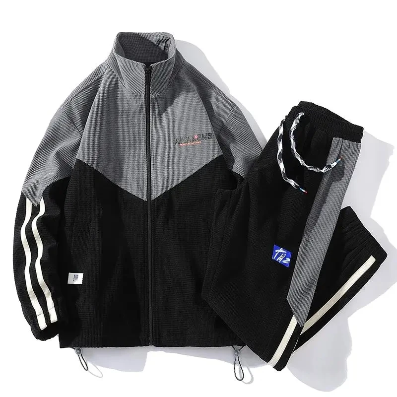 Autumn Mens Casual Jogging Tracksuit Stand Collar Patchwork Zipper Jacket+Pants Drawstring 2 Piece Set Men Steet Sportswear New