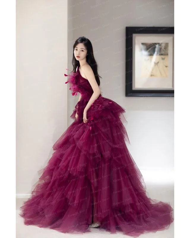 One Shoulder Purple Tulle Ball Gown Layered Fluffy Dress With Feather Long Evening Dresses Elegant Dresses For Women Prom plus size formal dresses & gowns