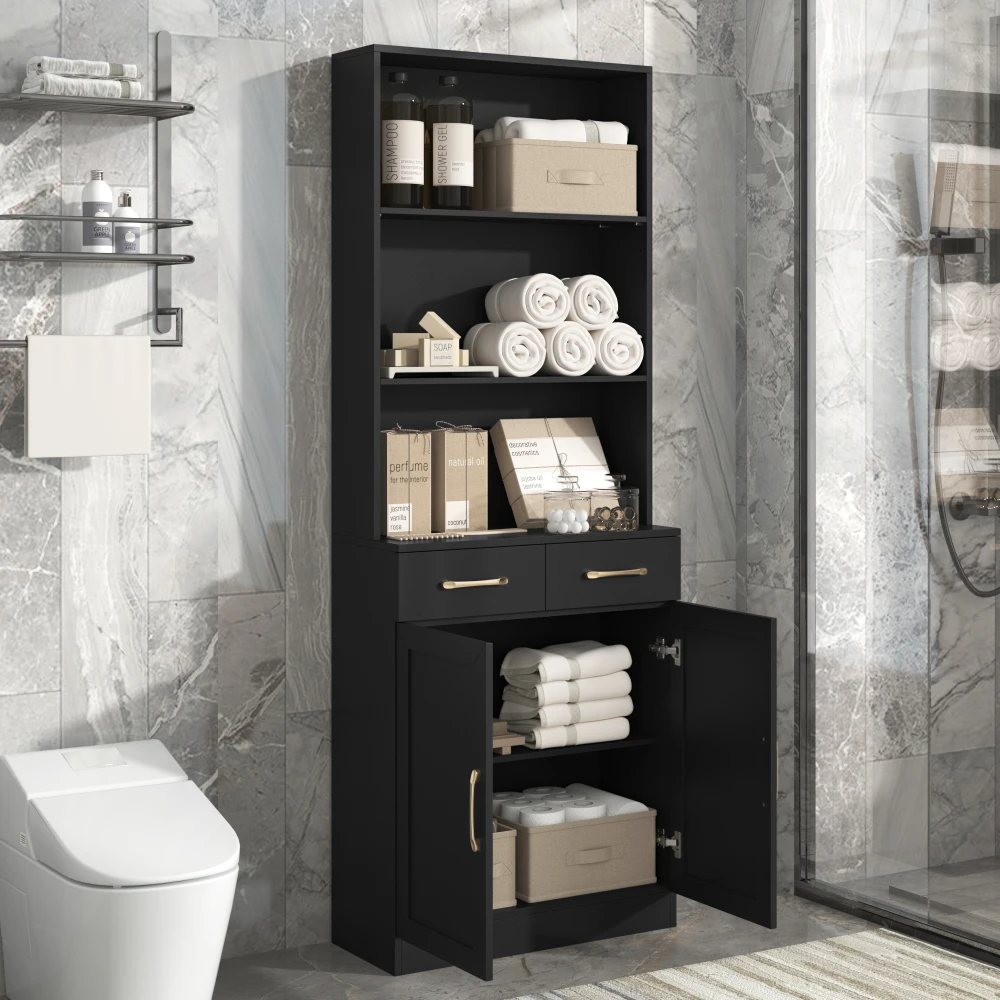 Bathroom Storage Cabinet, Cabinet With Two Doors And Drawers, Adjustable Shelf, Three-layer Open Shelf, MDF Board, Black 2