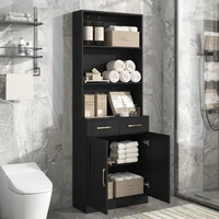 Bathroom Storage Cabinet, Cabinet With Two Doors And Drawers, Adjustable Shelf, Three-layer Open Shelf, MDF Board, Black 2
