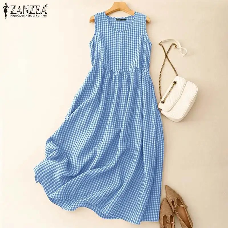 ZANZEA Vintage Karierte Midi Kleider Gingham Casual Hohe Taille Urlaub Lange Roben Ärmellose Täglichen Frauen Sommer A-line Vestidos – Detail 8