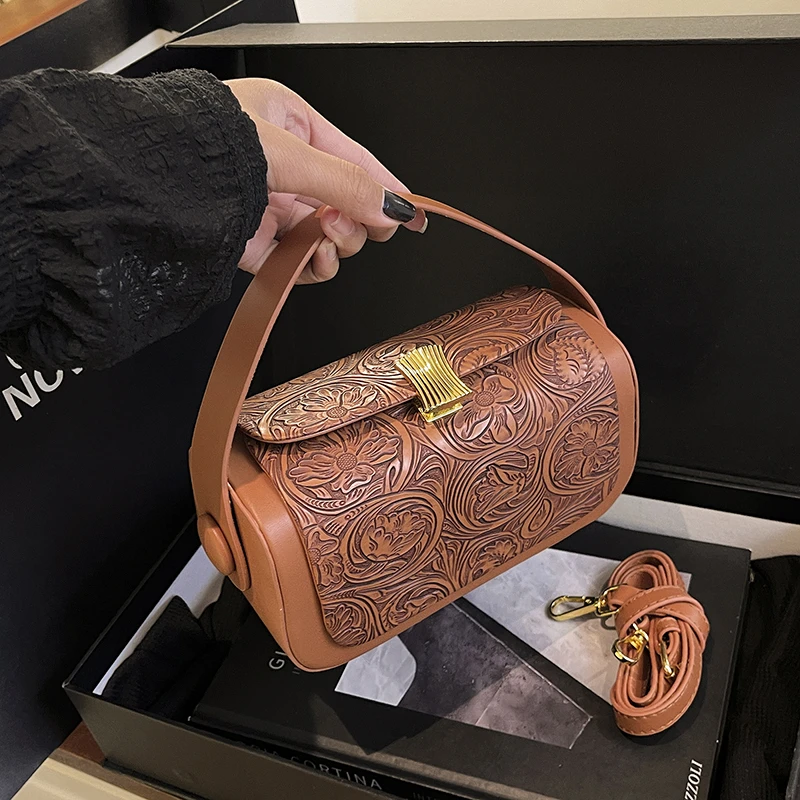 Vintage-Prägung-Umhängetasche für Damen, vielseitige Retro-Umhängetasche, quadratische Taschen, 2025, neue Handtaschen aus Leder mit großer Kapazität – Detail 4