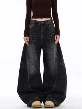 2025 Japanese Y2K Fashion Vintage Black Patchwork Baggy Women's Jeans Pants Wide Leg Woman Clothing Casual Cotton Denim Trousers 1