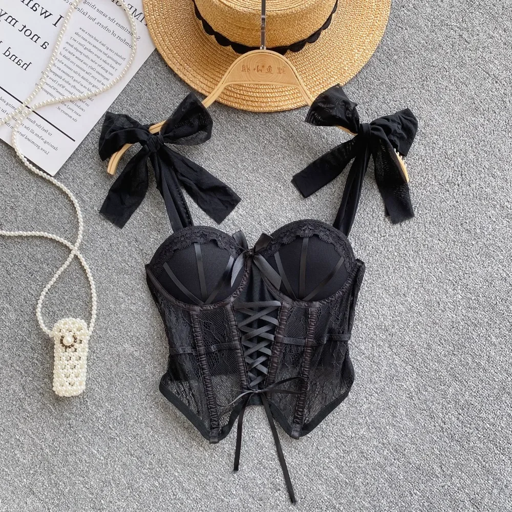 Spaghetti Strap Tank Top for Women Strapless Build in Bra Lace Patchwrok Tulle Bow Camis Summer Casual Female Camisoles women camisole tops