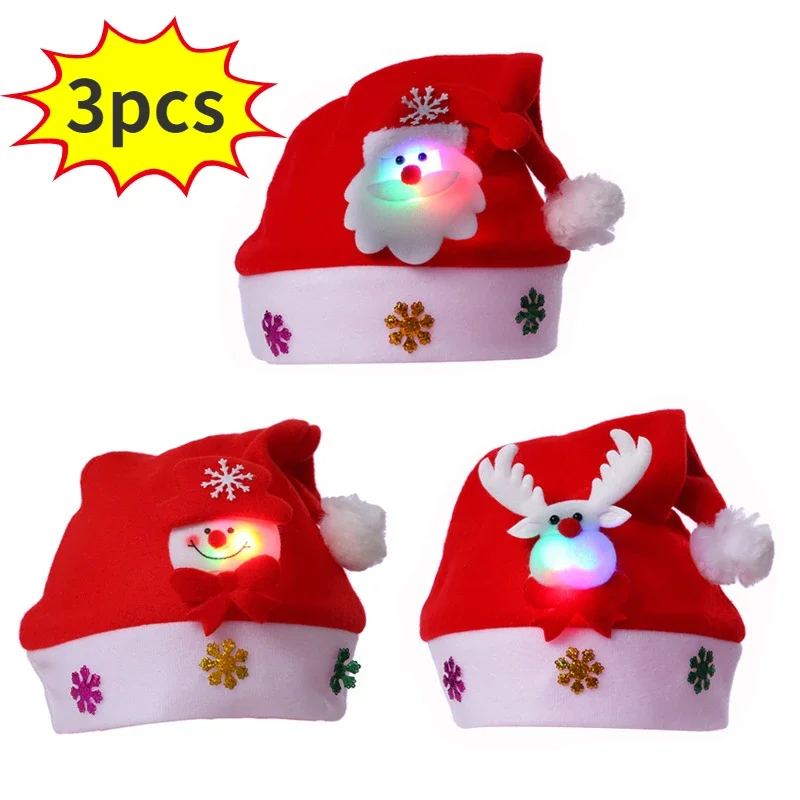 LED Christmas Hats New Year Santa Claus Snowman ElK Cap for Kindergarten Home Party Children Adult Xmas Gift Party Decoration