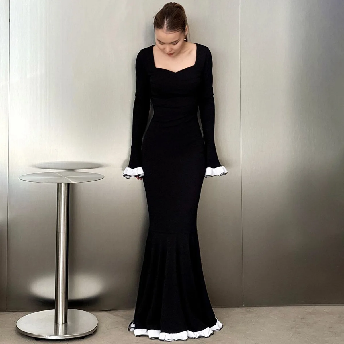 Ruffled Fashion Elegant Long Dress For Women High Waist Square Collar Patchwork Slim Solid Party Dress Female Maxi Dress