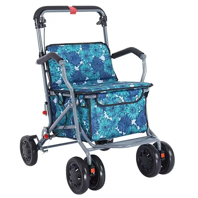 Elderly shopping carts mobility assistance, four wheeled foldable light Walking Stick walkers walkers for elderly